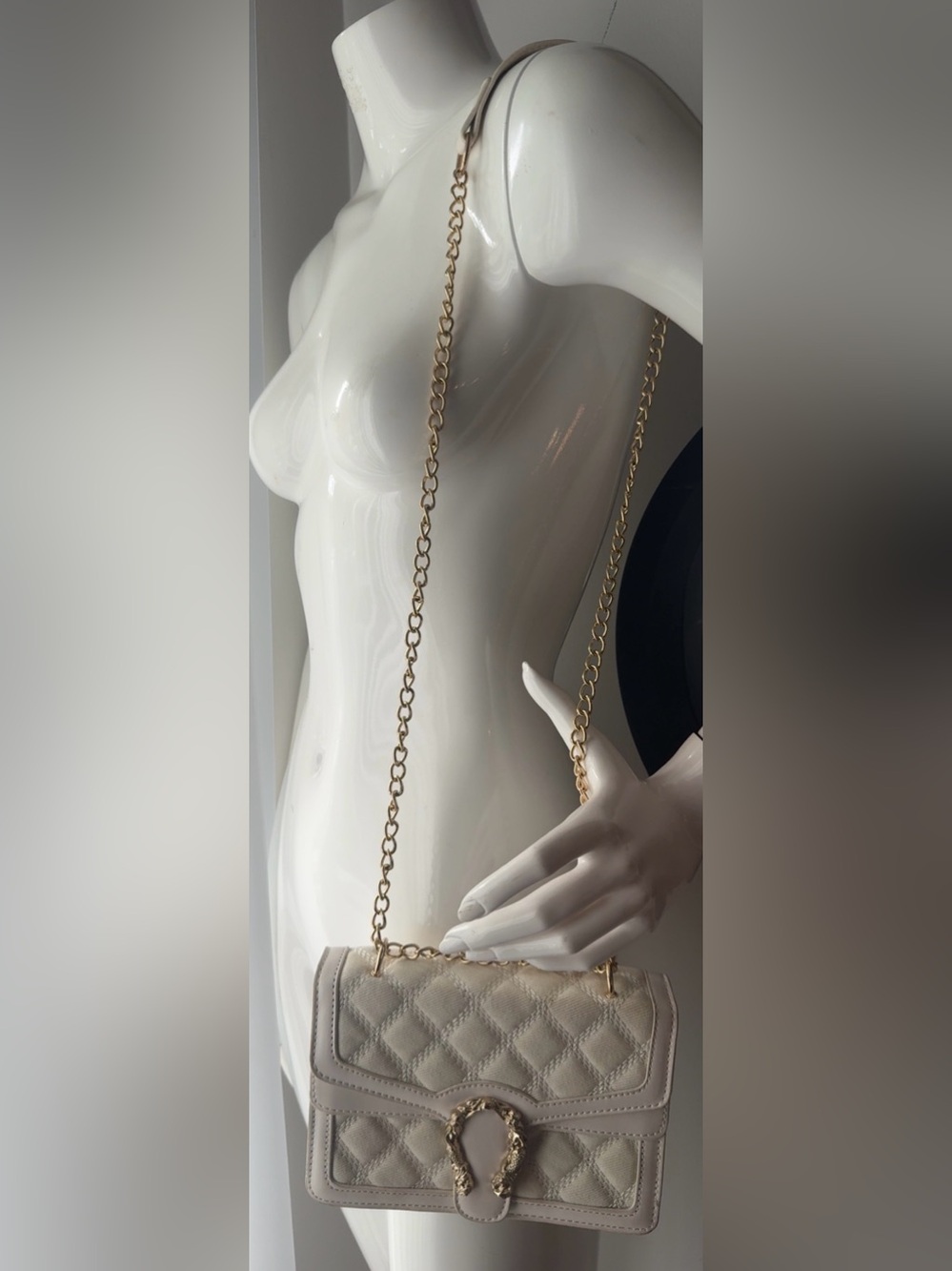 White/Off White Contrast Crossbody Bag Gold Chain/Hardware